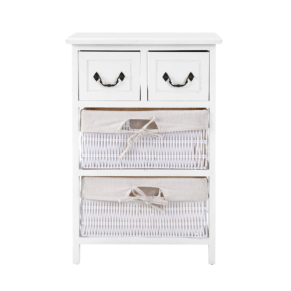 Artiss Storage Cabinet Dresser Chest of Drawers featuring two wicker baskets and a rustic white finish, perfect for bedside or bathroom use.