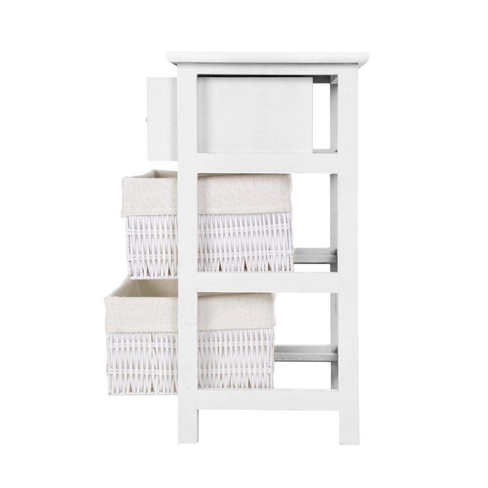 Artiss Storage Cabinet Dresser Chest of Drawers featuring two wicker baskets and a rustic white finish, perfect for bedside or bathroom use.