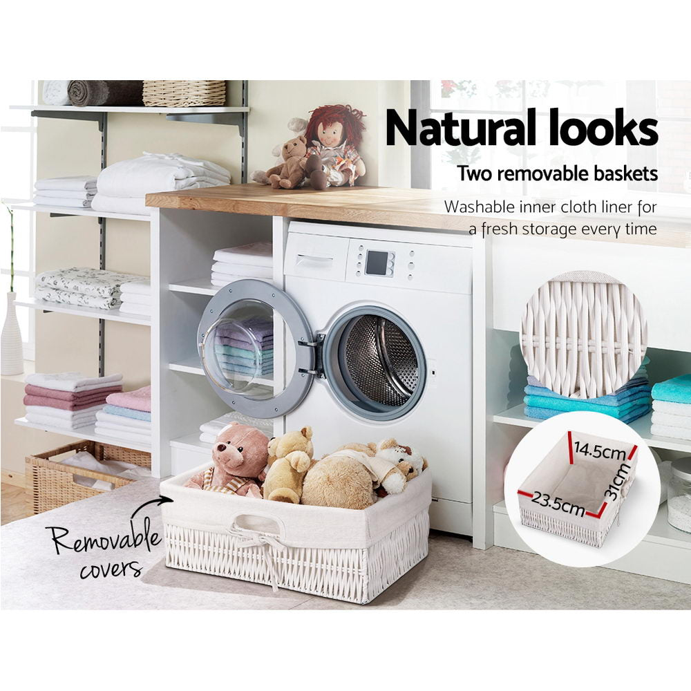 Artiss Storage Cabinet Dresser Chest of Drawers featuring two wicker baskets and a rustic white finish, perfect for bedside or bathroom use.