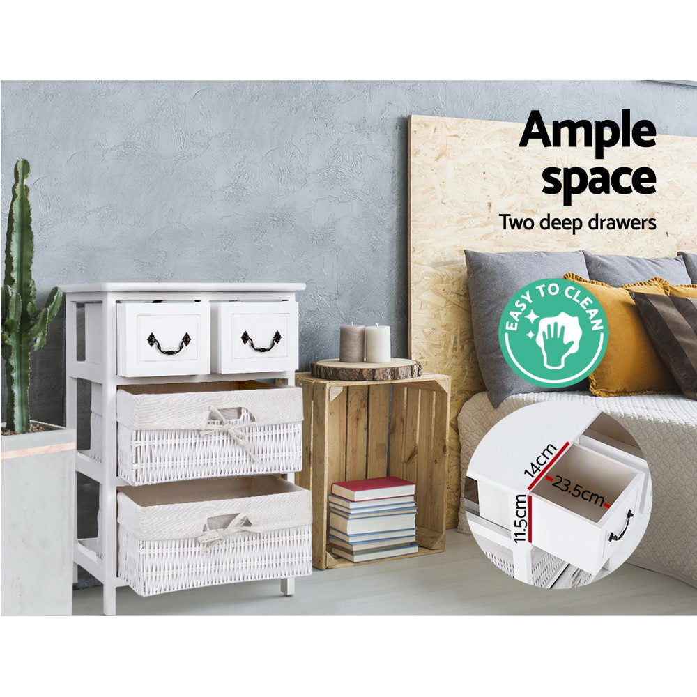 Artiss Storage Cabinet Dresser Chest of Drawers featuring two wicker baskets and a rustic white finish, perfect for bedside or bathroom use.
