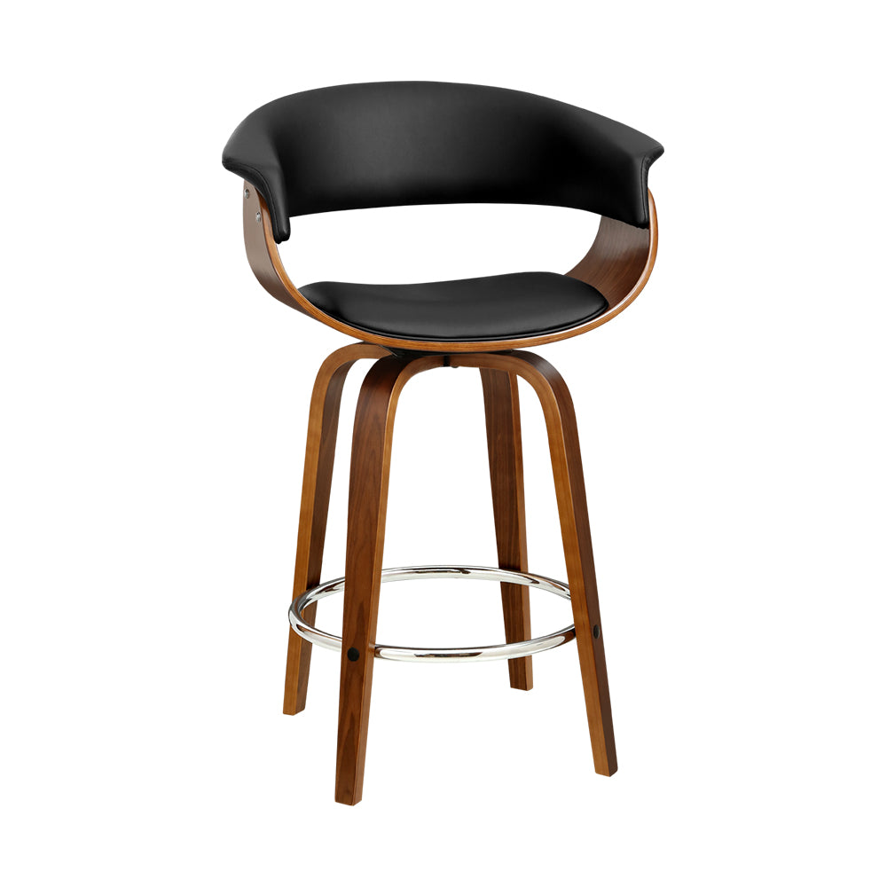 Artiss Swivel PU Leather Bar Stool featuring a walnut finish frame and black padded seat, designed for comfort and style.