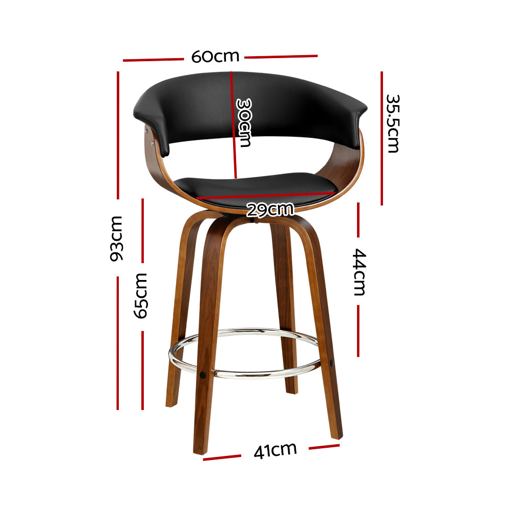 Artiss Swivel PU Leather Bar Stool featuring a walnut finish frame and black padded seat, designed for comfort and style.