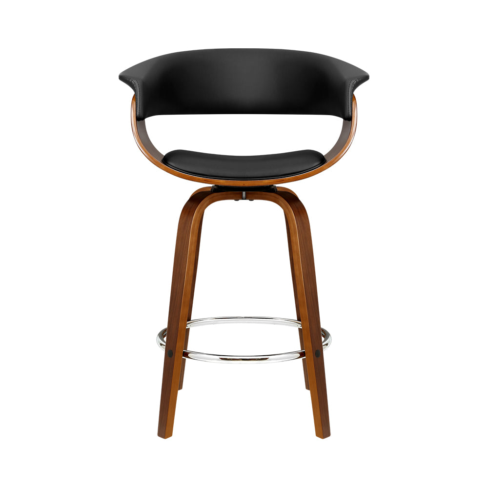 Artiss Swivel PU Leather Bar Stool featuring a walnut finish frame and black padded seat, designed for comfort and style.