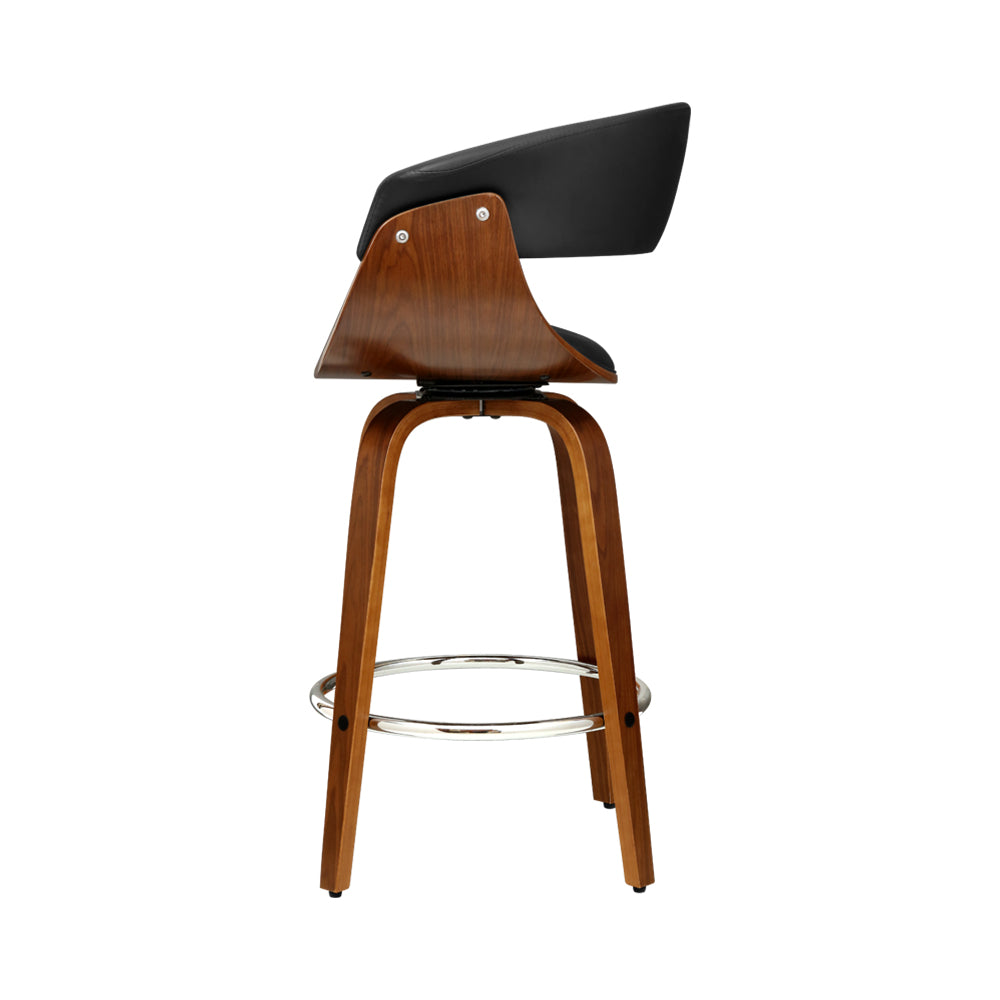 Artiss Swivel PU Leather Bar Stool featuring a walnut finish frame and black padded seat, designed for comfort and style.