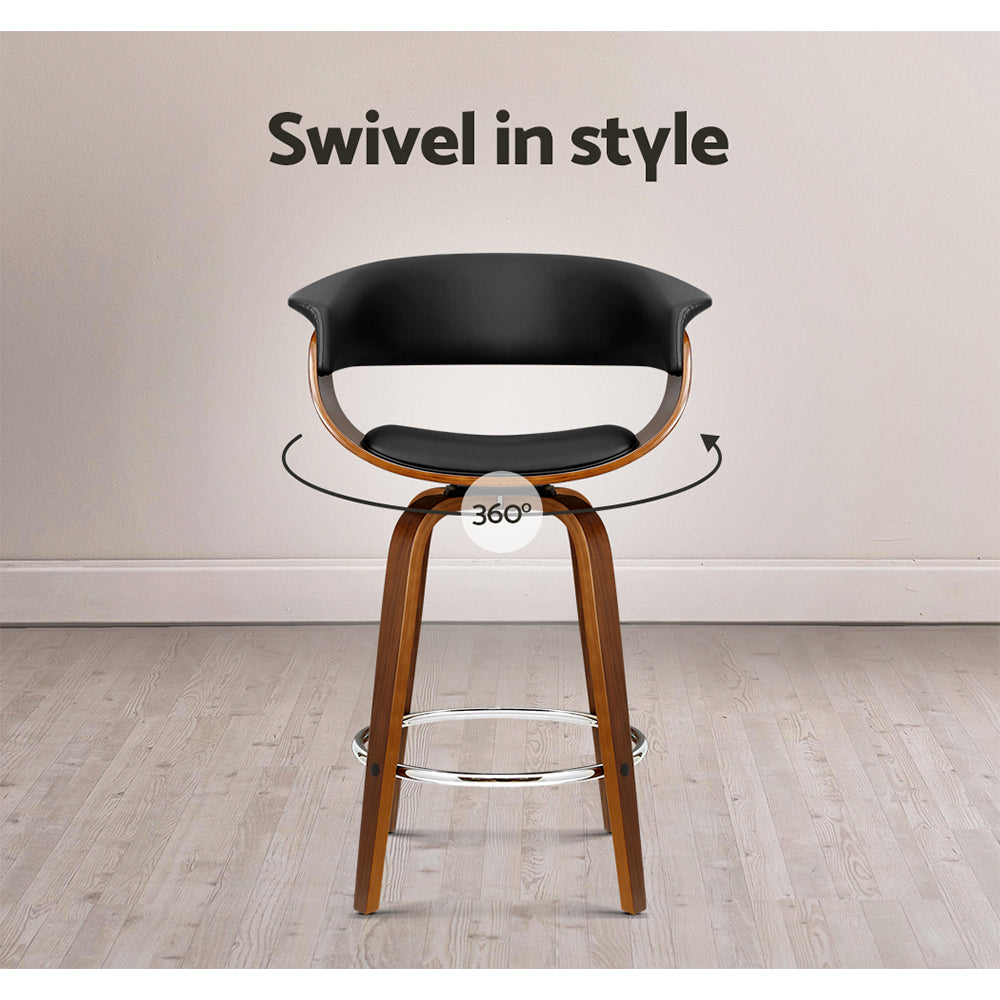 Artiss Swivel PU Leather Bar Stool featuring a walnut finish frame and black padded seat, designed for comfort and style.
