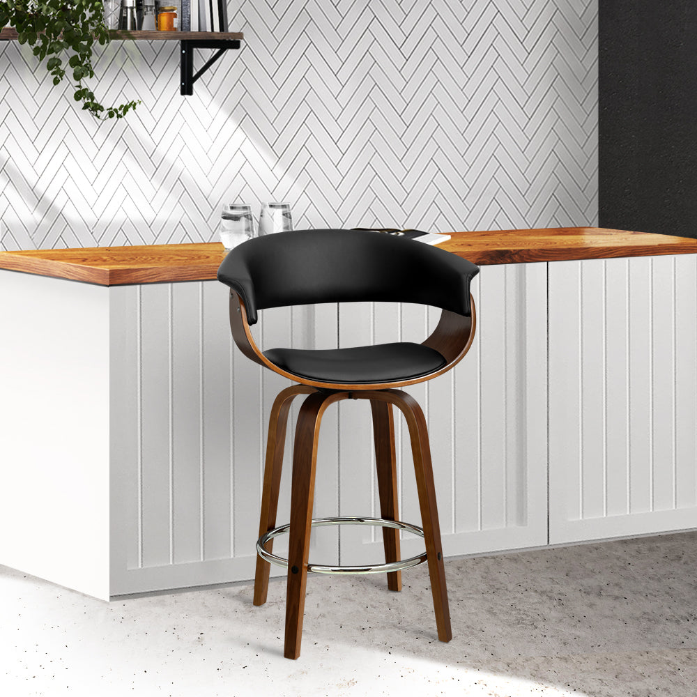 Artiss Swivel PU Leather Bar Stool featuring a walnut finish frame and black padded seat, designed for comfort and style.