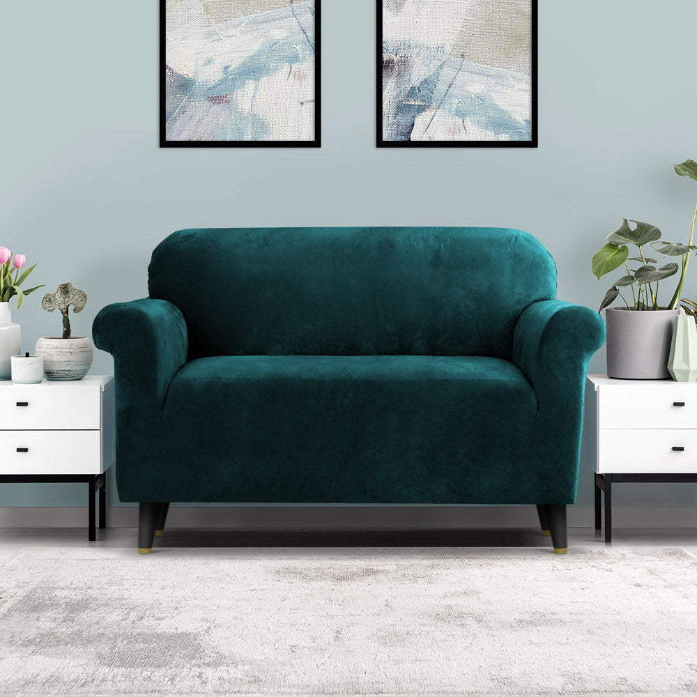 Artiss Velvet Sofa Cover in Agate Green, showcasing its plush texture and elegant design on a 2-seater couch.
