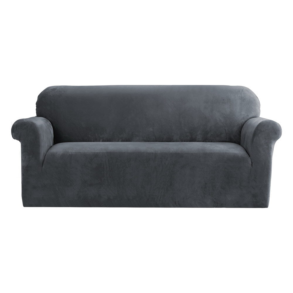 Artiss Velvet Sofa Cover in grey, showcasing its plush texture and stretchable design, perfect for 3-seater couches.