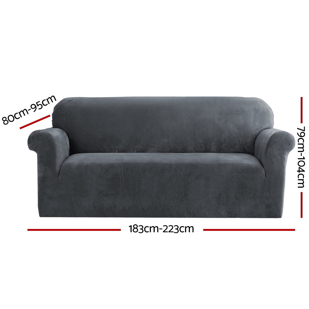 Artiss Velvet Sofa Cover in grey, showcasing its plush texture and stretchable design, perfect for 3-seater couches.
