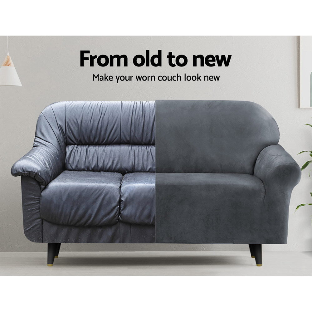 Artiss Velvet Sofa Cover in grey, showcasing its plush texture and stretchable design, perfect for 3-seater couches.