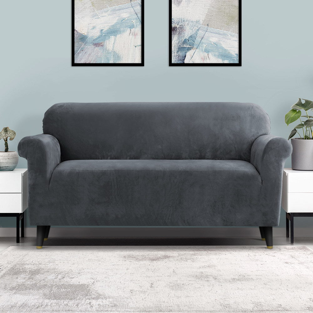 Artiss Velvet Sofa Cover in grey, showcasing its plush texture and stretchable design, perfect for 3-seater couches.