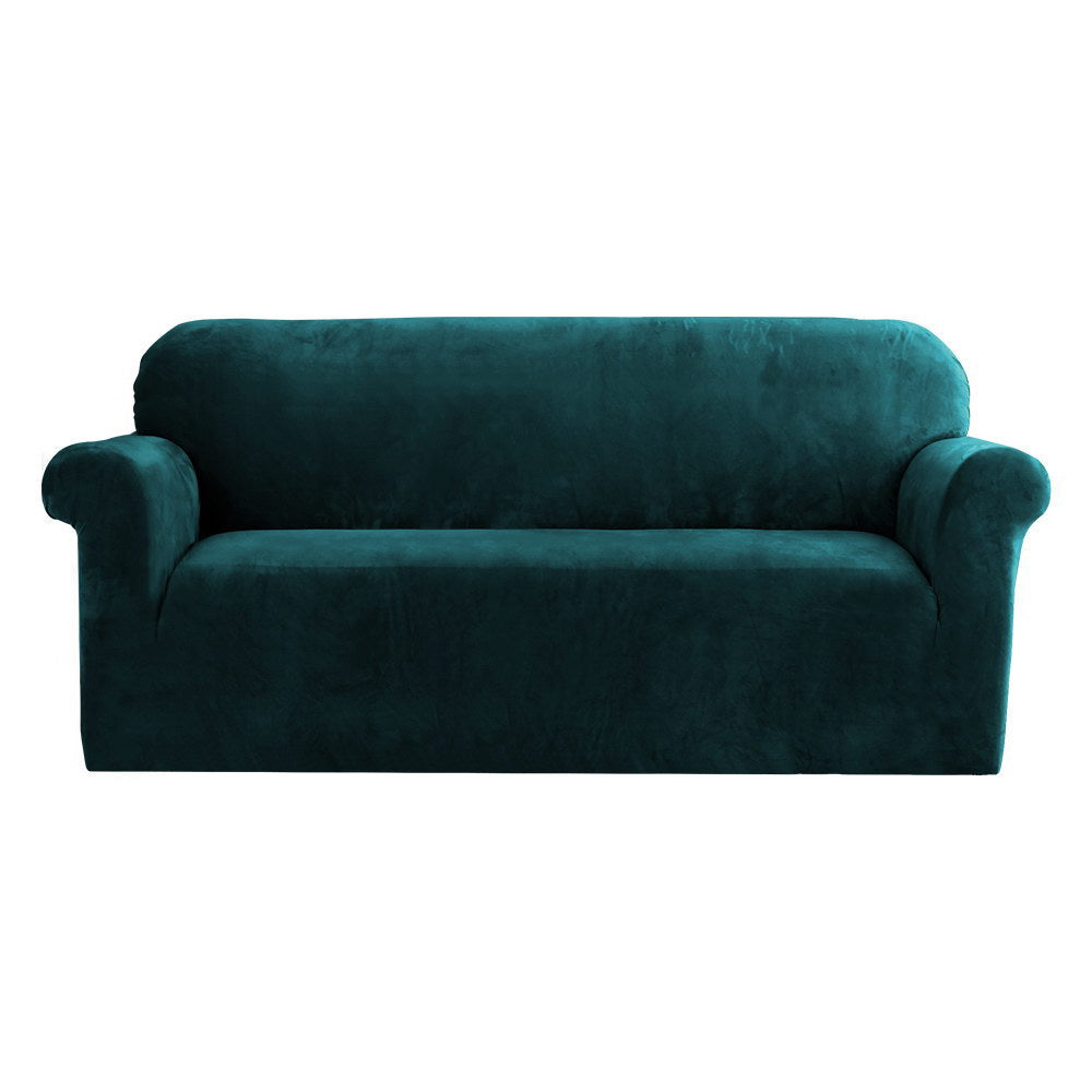 Artiss Velvet Sofa Cover in Agate Green, showcasing its plush texture and snug fit on a 3-seater couch.