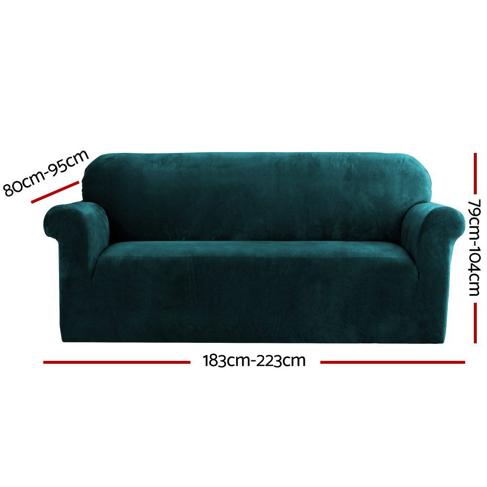 Artiss Velvet Sofa Cover in Agate Green, showcasing its plush texture and snug fit on a 3-seater couch.