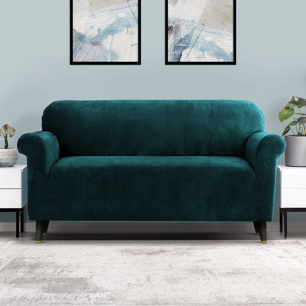 Artiss Velvet Sofa Cover in Agate Green, showcasing its plush texture and snug fit on a 3-seater couch.