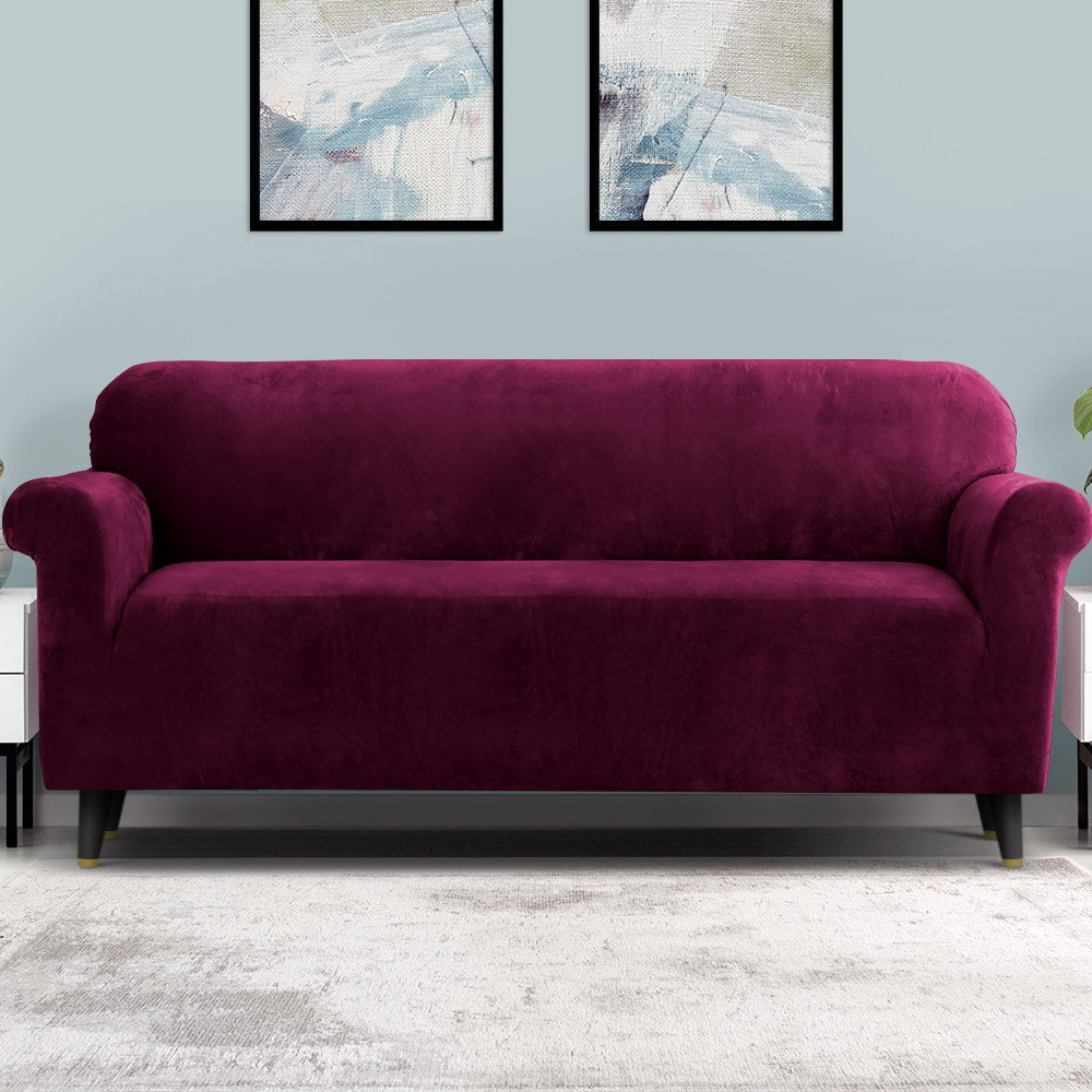 Artiss Velvet Sofa Cover in Ruby Red, showcasing its plush texture and elegant design, perfect for 4-seater couches.