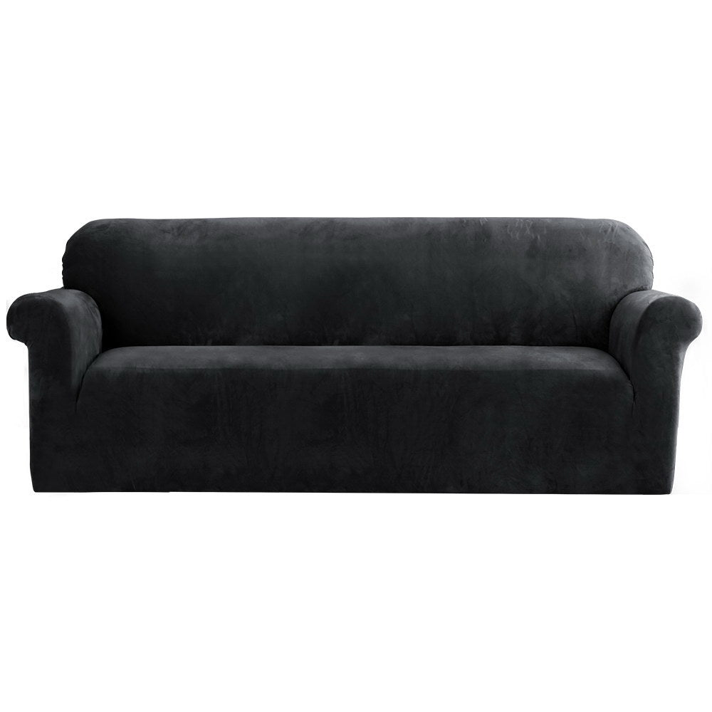 Artiss Velvet Sofa Cover in black, showcasing its plush texture and snug fit on a 4-seater couch.