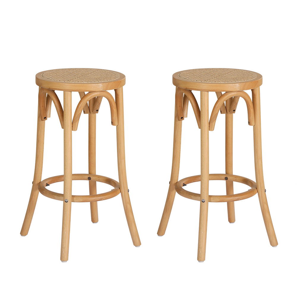 Artiss X2 Bar Stools featuring a solid beechwood frame and stylish rattan seat, perfect for kitchen and bar settings.