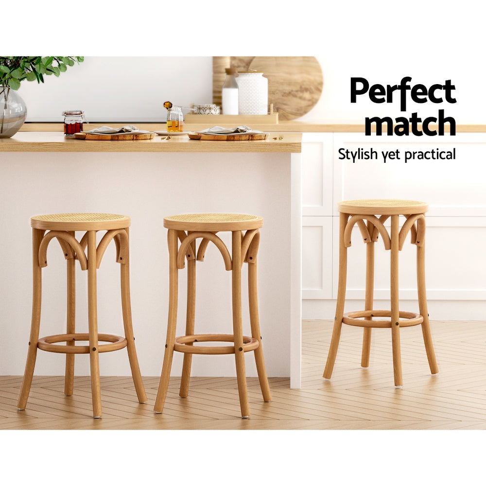 Artiss X2 Bar Stools featuring a solid beechwood frame and stylish rattan seat, perfect for kitchen and bar settings.