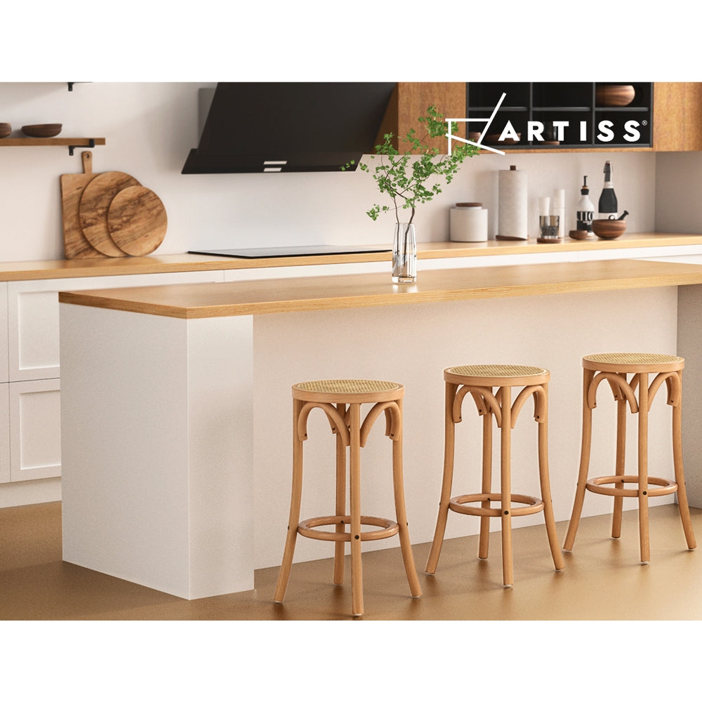 Artiss X2 Bar Stools featuring a solid beechwood frame and stylish rattan seat, perfect for kitchen and bar settings.