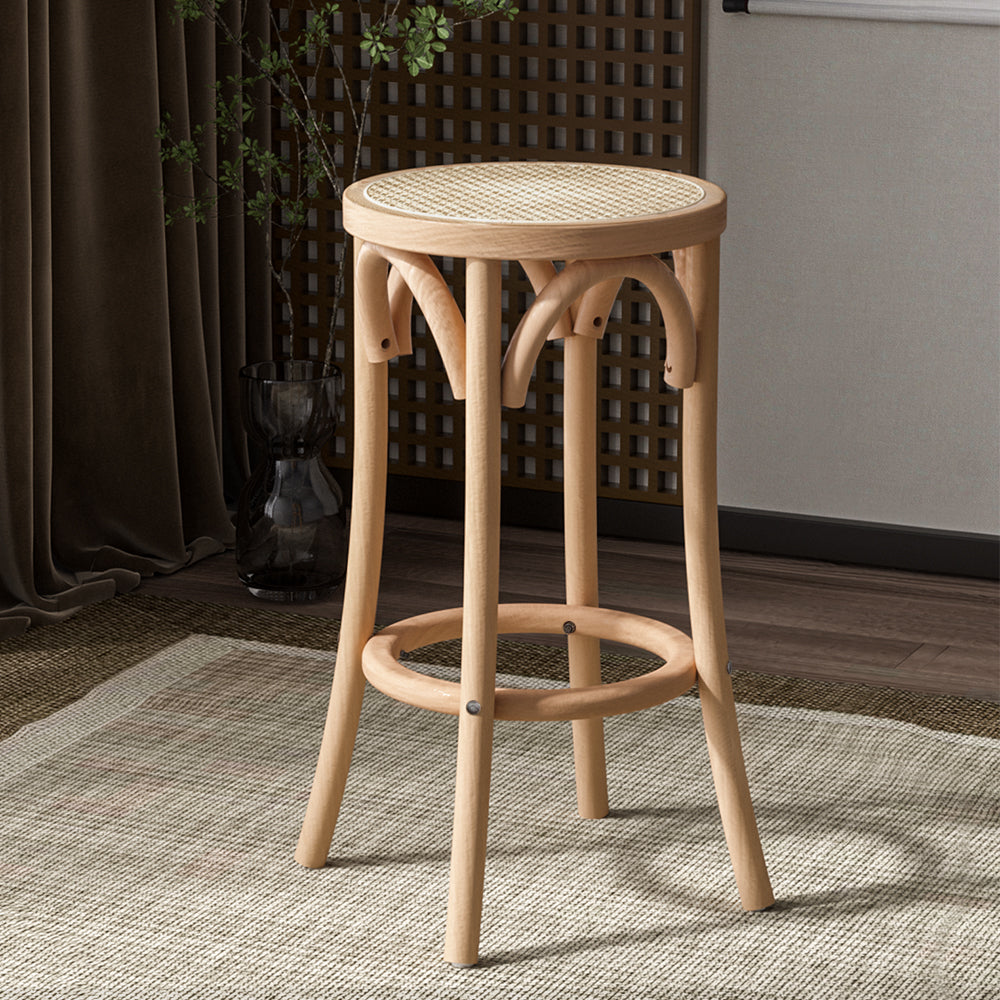 Artiss X2 Bar Stools featuring a solid beechwood frame and stylish rattan seat, perfect for kitchen and bar settings.