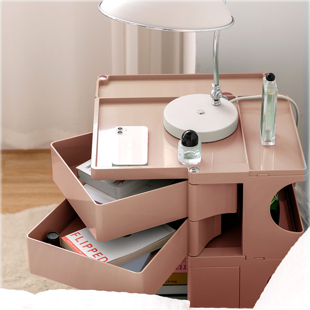 ArtissIn Bedside Table in vibrant Pink (Peony) color, showcasing multiple fold-out shelves and smooth wheels for easy mobility.