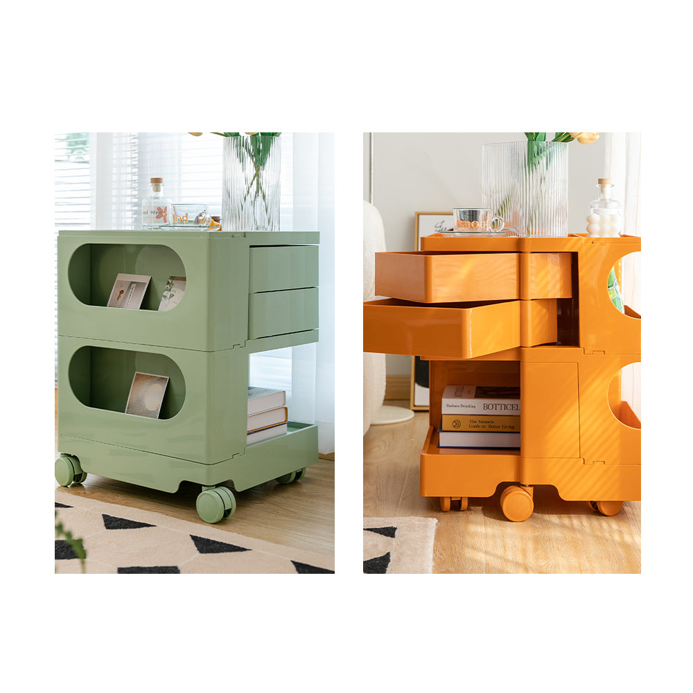 ArtissIn Bedside Table in vibrant Pink (Peony) color, showcasing multiple fold-out shelves and smooth wheels for easy mobility.