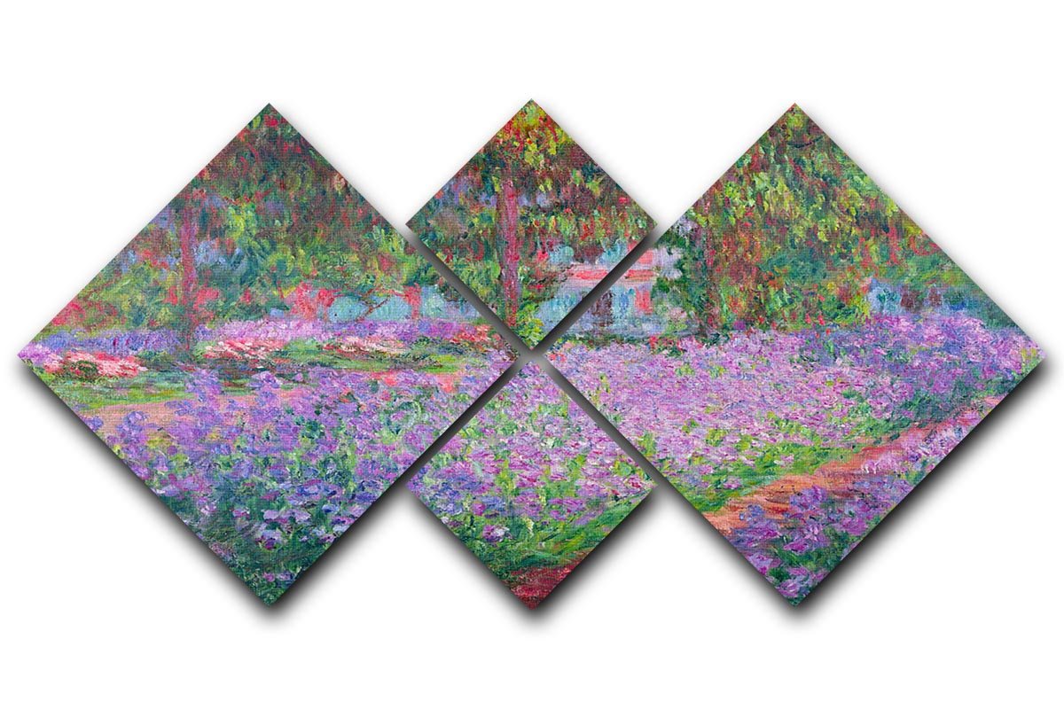 A beautiful 4-square multi-panel canvas featuring Monet's Artists Garden, showcasing vibrant colors and intricate details.
