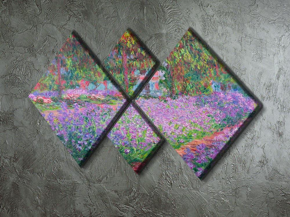 A beautiful 4-square multi-panel canvas featuring Monet's Artists Garden, showcasing vibrant colors and intricate details.