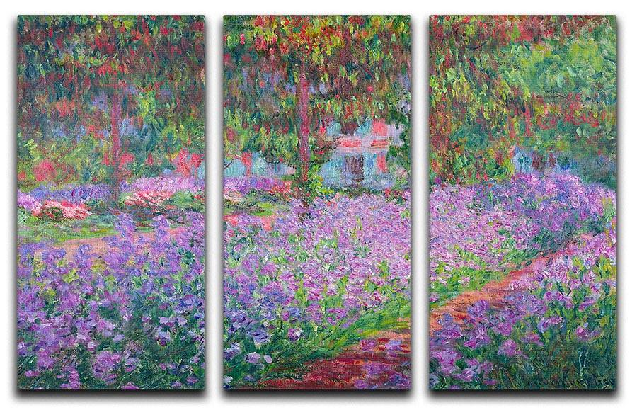 A beautiful split panel canvas print featuring Monet's Artists Garden, showcasing vibrant colors and intricate details across three panels.