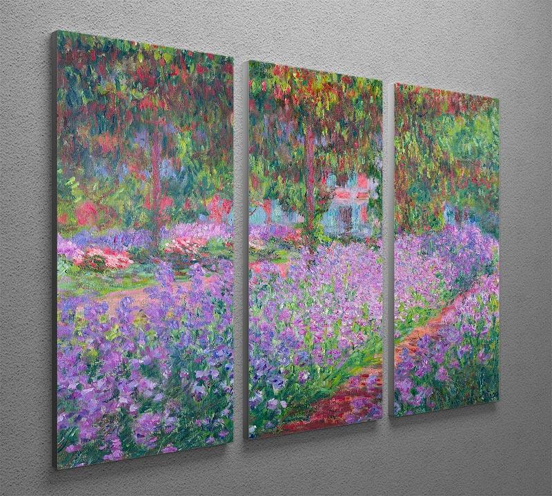 A beautiful split panel canvas print featuring Monet's Artists Garden, showcasing vibrant colors and intricate details across three panels.