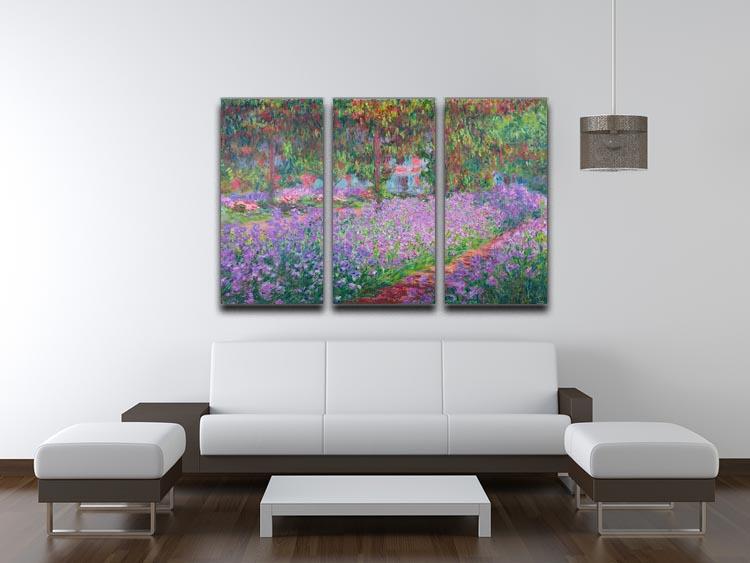 A beautiful split panel canvas print featuring Monet's Artists Garden, showcasing vibrant colors and intricate details across three panels.