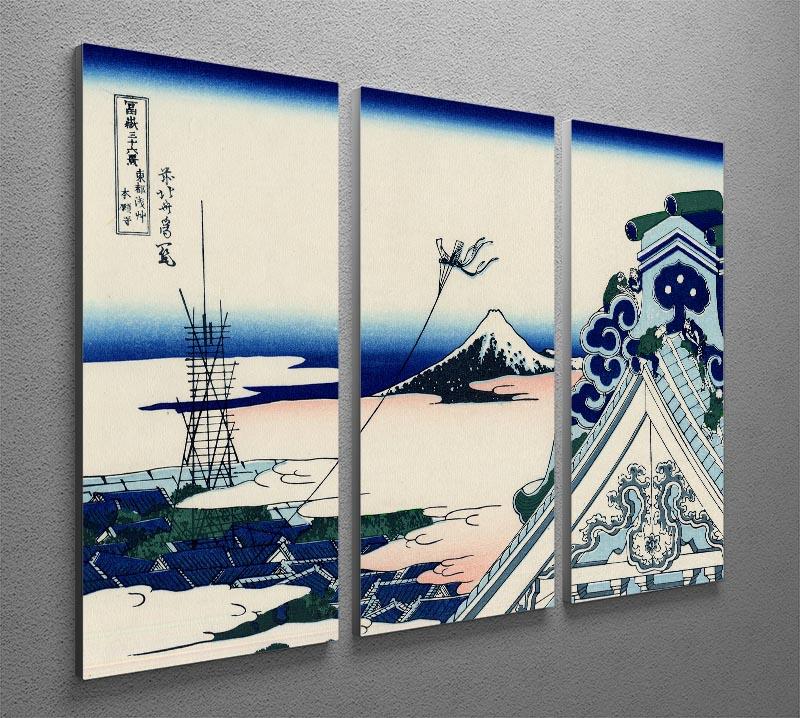 Asakusa Honganji temple 3-panel canvas print featuring Hokusai's artwork, showcasing intricate details and vibrant colors.