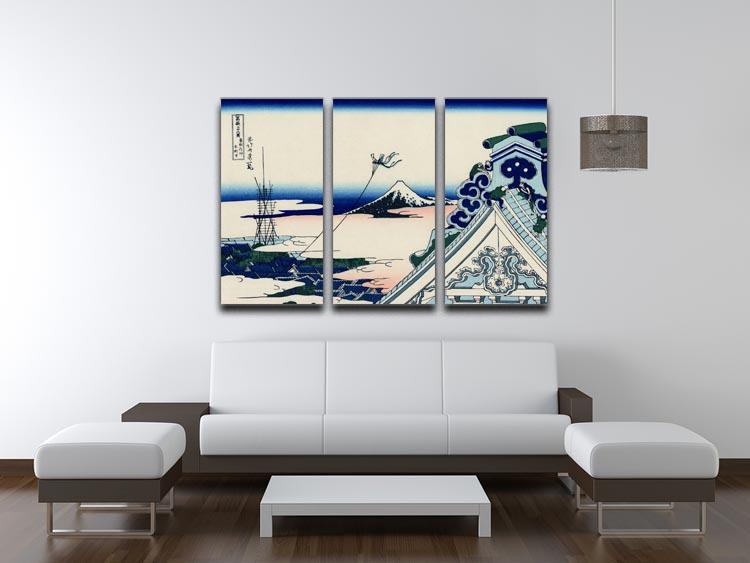 Asakusa Honganji temple 3-panel canvas print featuring Hokusai's artwork, showcasing intricate details and vibrant colors.