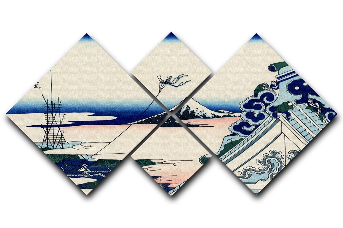 A beautiful 4-square multi-panel canvas artwork depicting the Asakusa Honganji temple by Hokusai, showcasing intricate details and vibrant colors.