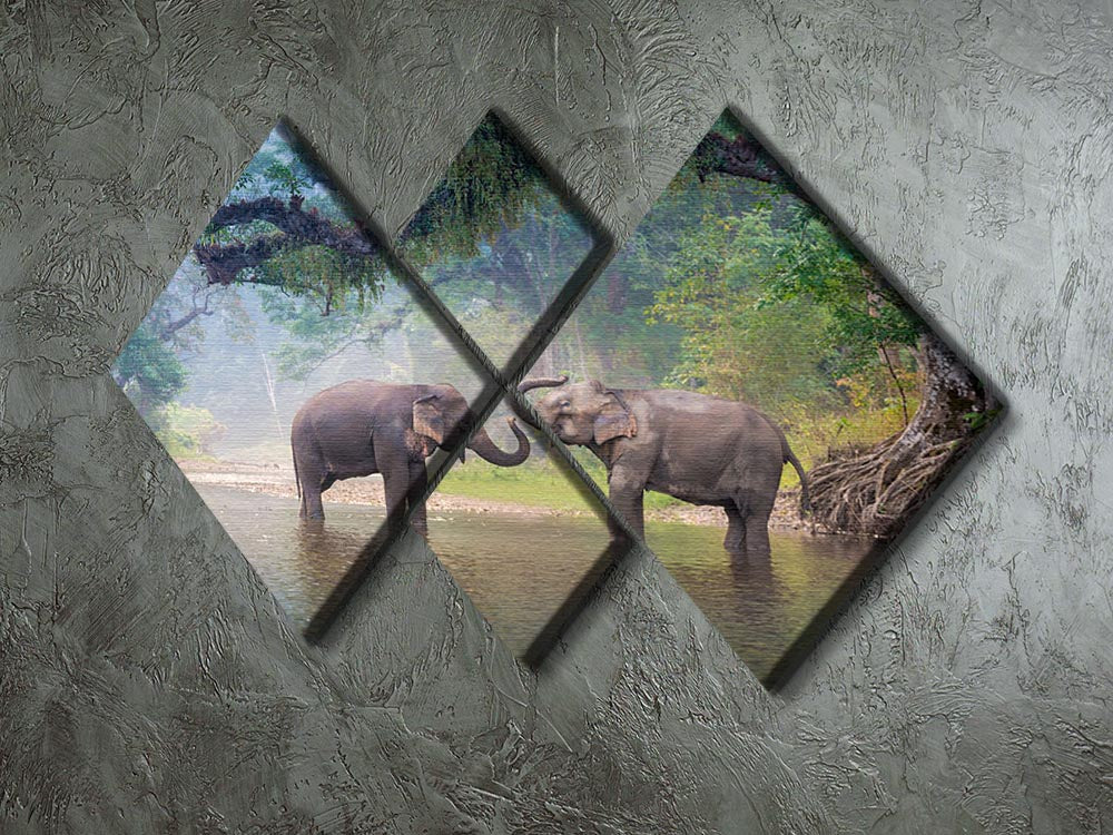 A beautiful 4-square multi-panel canvas artwork depicting Asian elephants in a natural river, showcasing vibrant colors and intricate details.