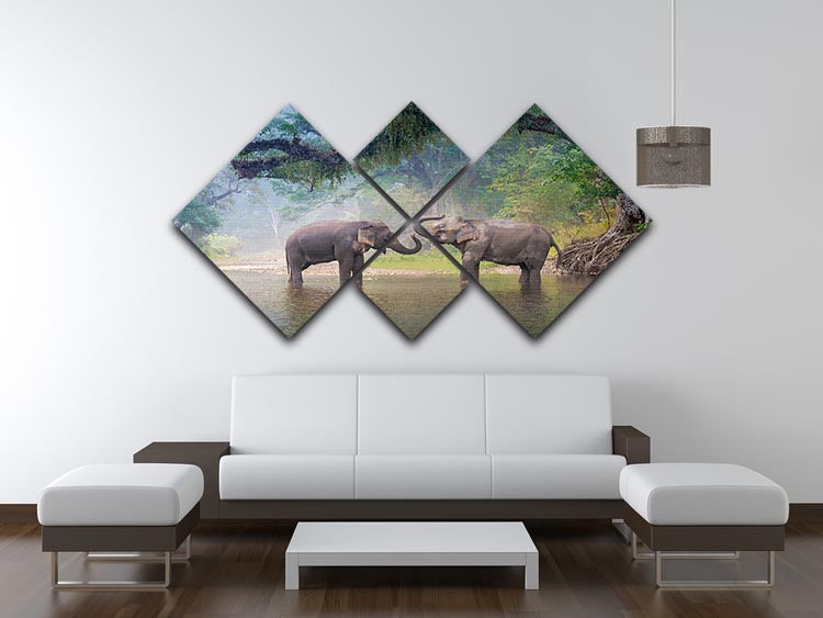 A beautiful 4-square multi-panel canvas artwork depicting Asian elephants in a natural river, showcasing vibrant colors and intricate details.
