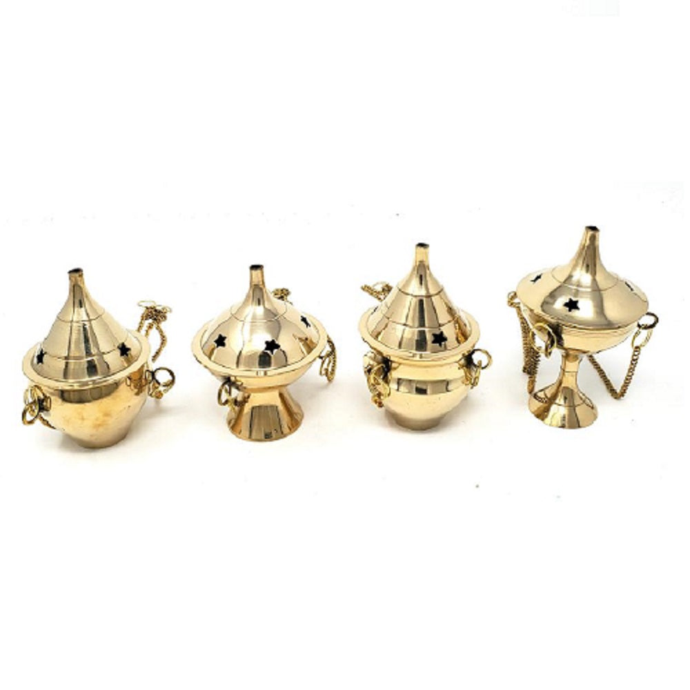 Assorted Brass Hanging Incense Burner with clover-shaped holes, showcasing its polished finish and compact design.