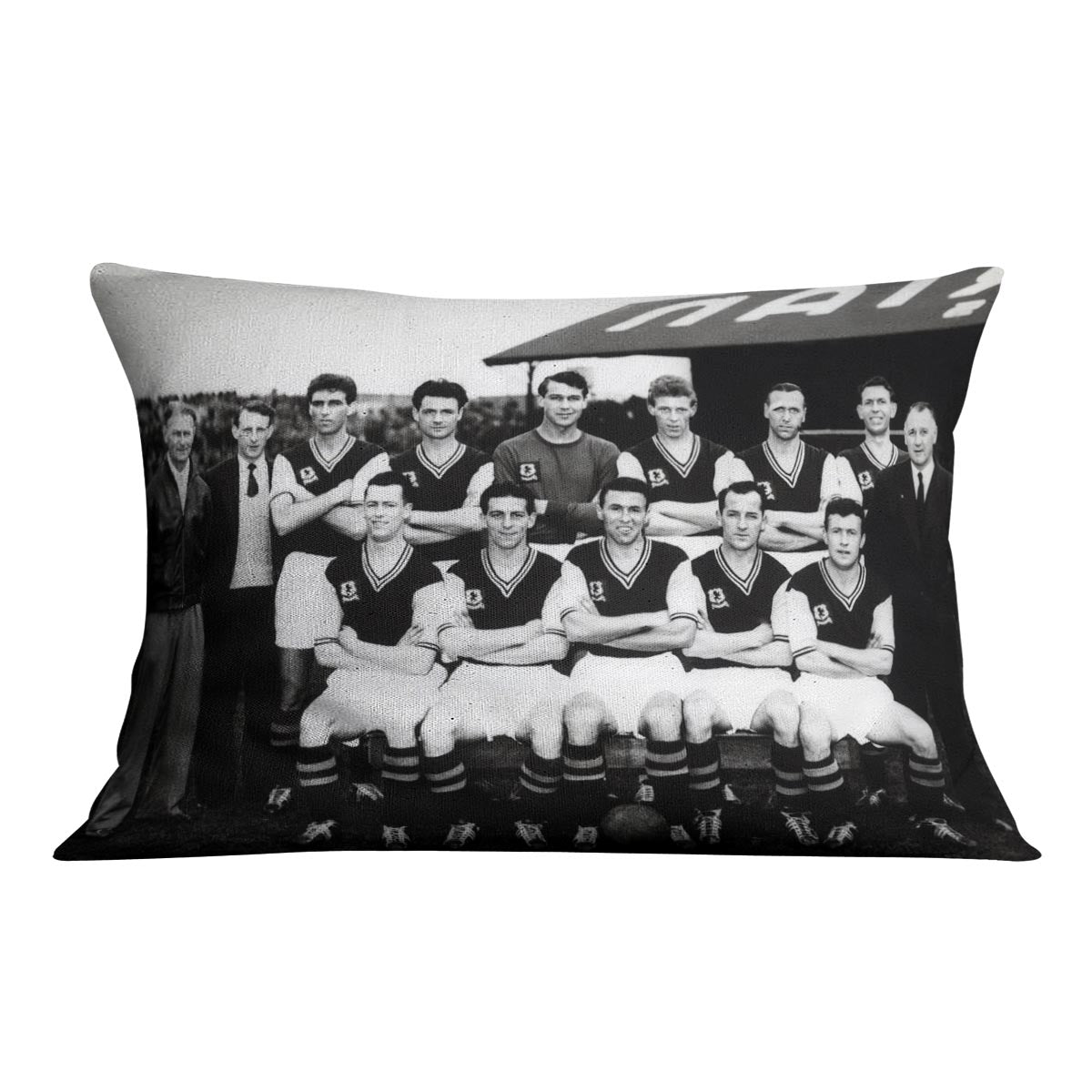Aston Villa Football Club Team Photo 1957 Cushion featuring vibrant colors and soft vegan faux suede material.