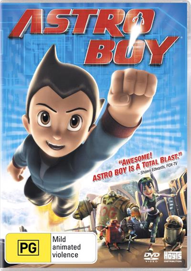 Astro Boy DVD cover featuring the iconic robot hero in a dynamic pose against a futuristic city backdrop.