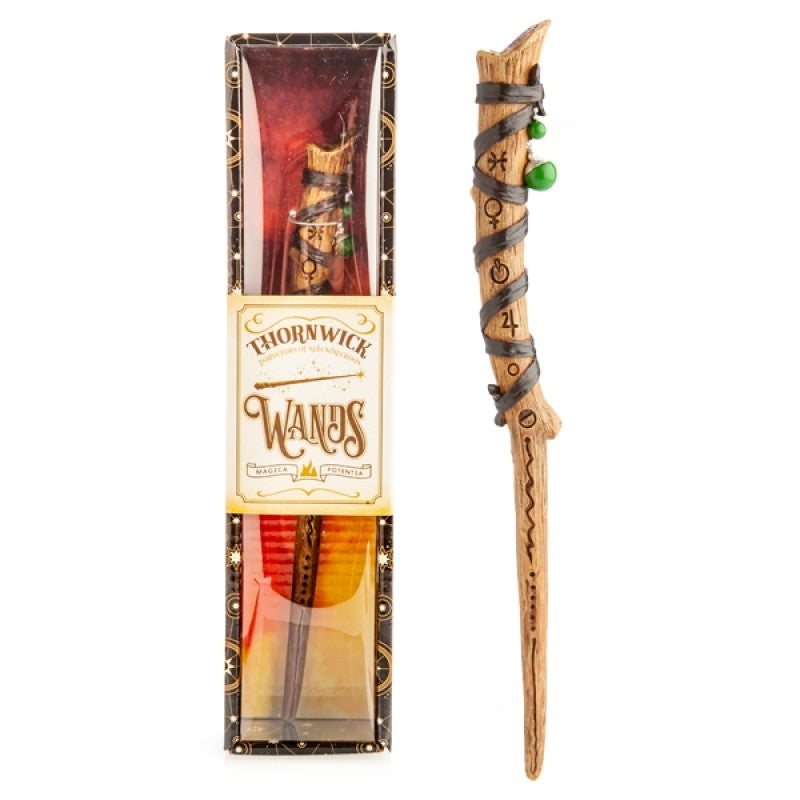 Astrological Symbols Wand featuring wood-look finish, carved symbols, leather binding, and green bead details.