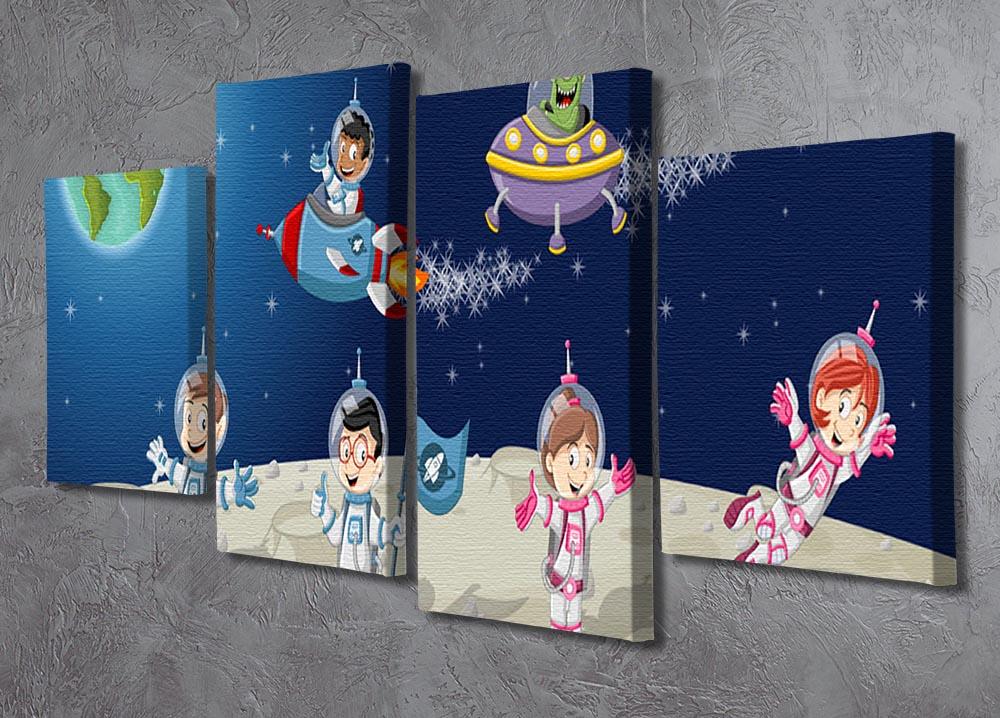 A whimsical 4-split canvas artwork featuring astronaut cartoon characters on the moon with an alien spaceship, showcasing vibrant colors and playful design.