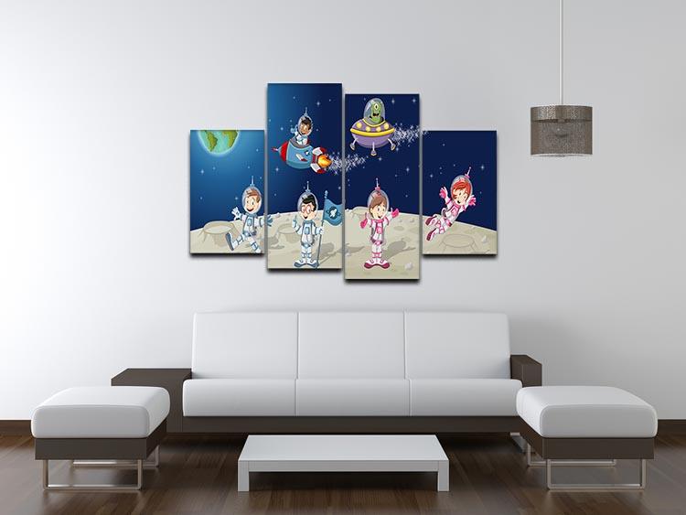 A whimsical 4-split canvas artwork featuring astronaut cartoon characters on the moon with an alien spaceship, showcasing vibrant colors and playful design.