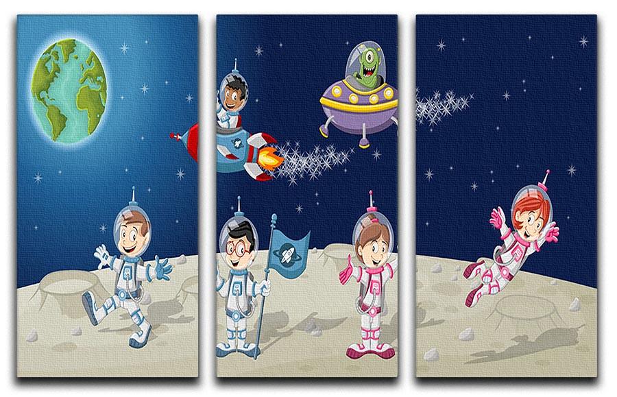 Three-panel canvas art featuring astronaut cartoon characters on the moon with an alien spaceship, vibrant colors and playful design.