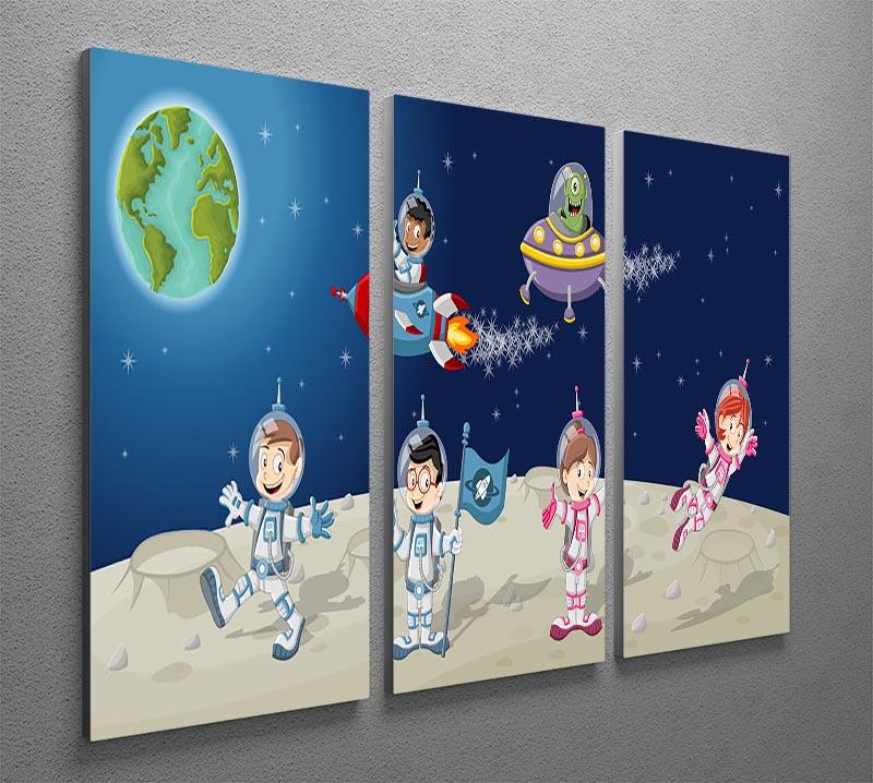 Three-panel canvas art featuring astronaut cartoon characters on the moon with an alien spaceship, vibrant colors and playful design.