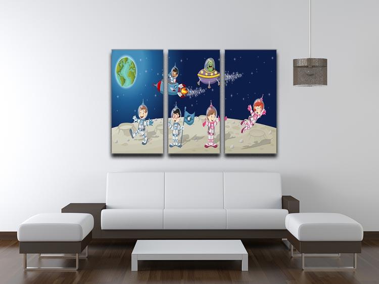 Three-panel canvas art featuring astronaut cartoon characters on the moon with an alien spaceship, vibrant colors and playful design.