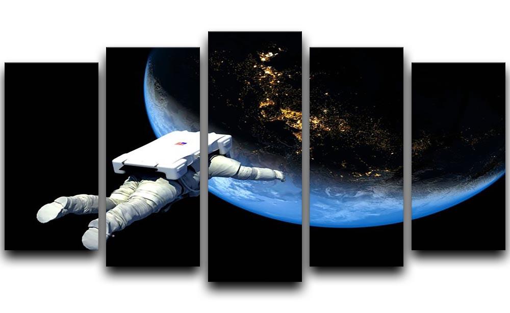 Astronaut floating in space with Earth in the background, displayed on a 5-split canvas artwork.