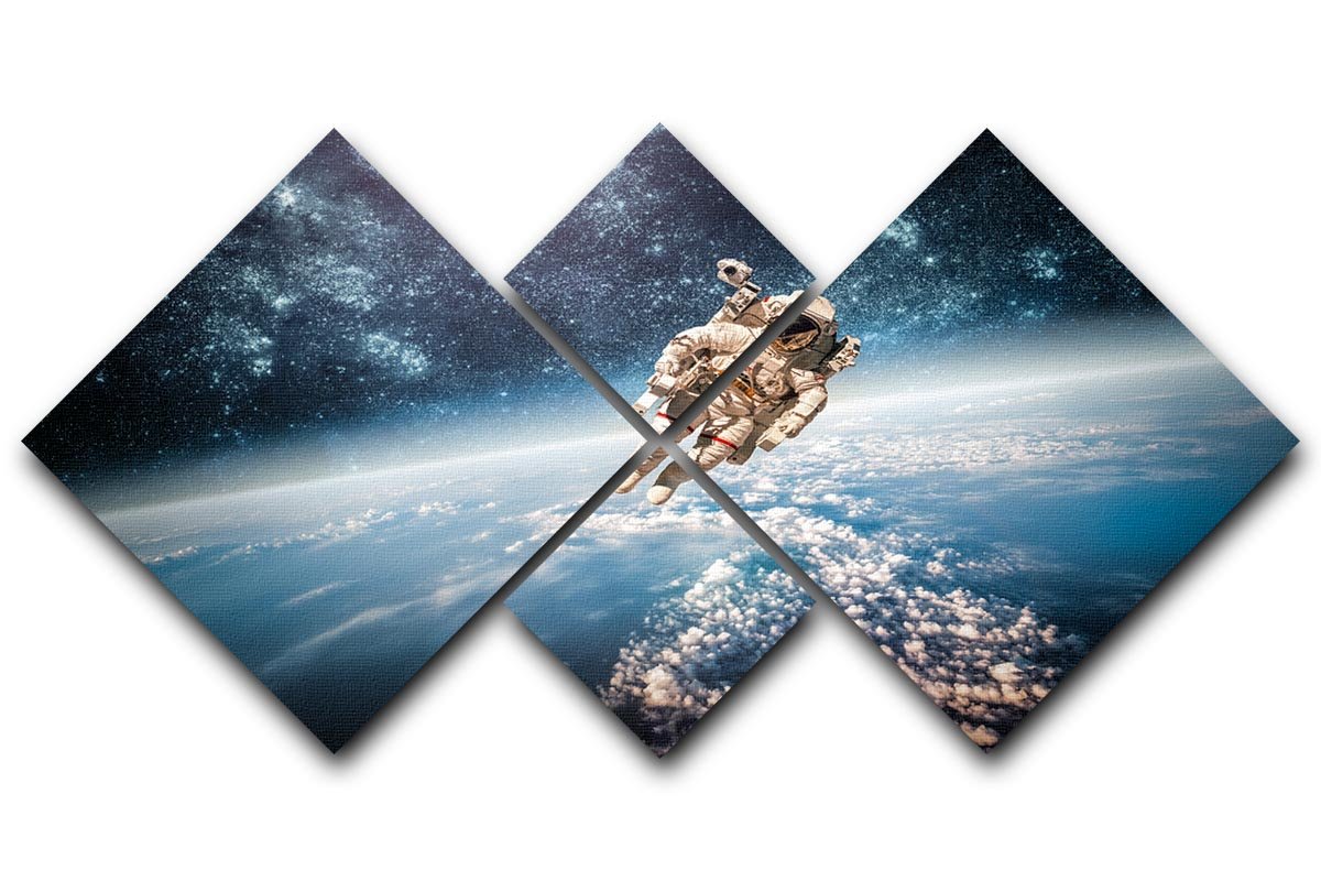 A captivating 4-panel canvas artwork featuring an astronaut in outer space with Earth in the background, showcasing vibrant colors and a modern design.