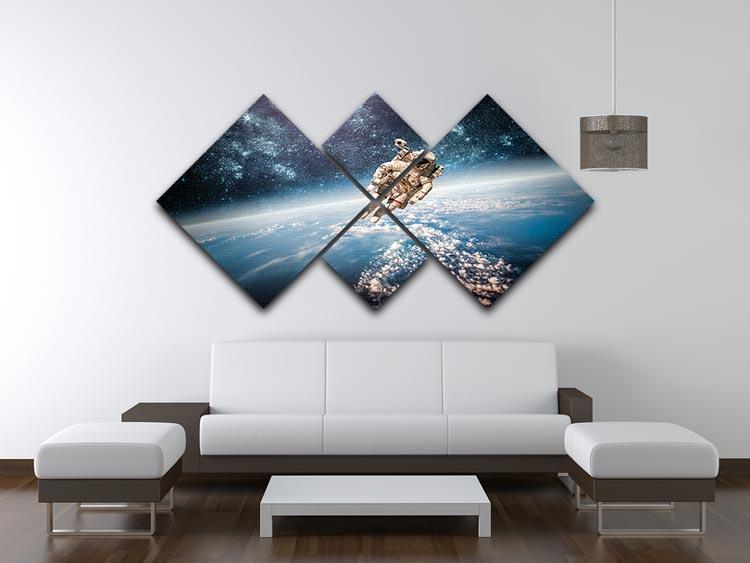 A captivating 4-panel canvas artwork featuring an astronaut in outer space with Earth in the background, showcasing vibrant colors and a modern design.