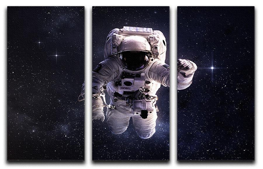 A stunning 3-panel canvas print featuring an astronaut floating in outer space surrounded by stars, perfect for modern decor.