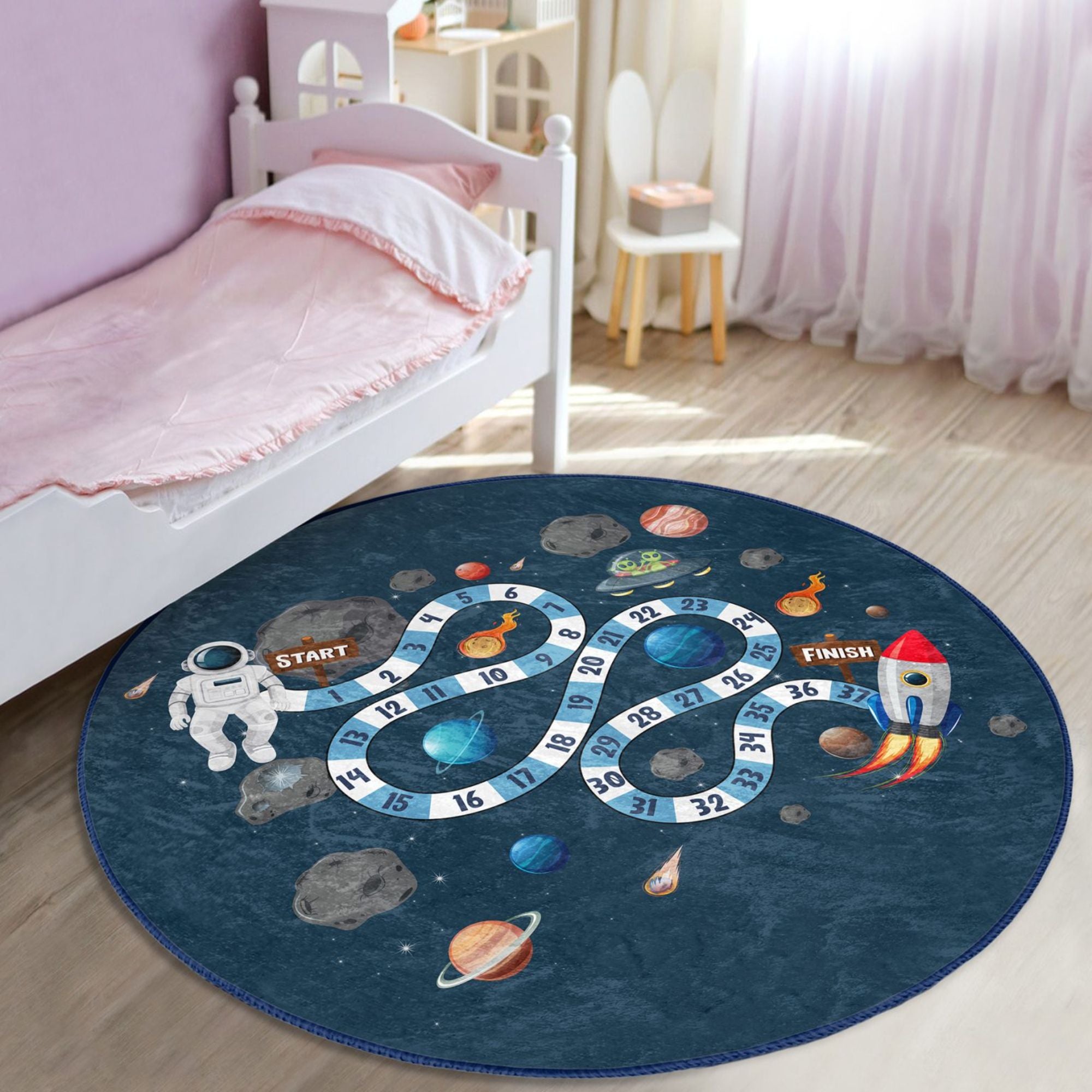 Vibrant Astronauts Space Adventure Kids Rug featuring colorful space scenes and characters, perfect for children's rooms.